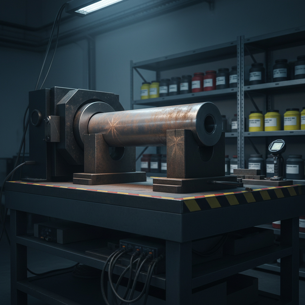 An industrial magnetoscopic inspection station focused on a solid steel component resting in the V-blocks of a heavy-duty magnetic yoke. The component’s surface is dusted with a fine, evenly distributed layer of magnetic particles, subtly highlighted to reveal potential indications. The station sits on a robust, dark-gray worktable with integrated cable management and a clearly marked safety zone. In the background, blurred shelves with labeled containers of magnetic powders and inspection accessories maintain a tidy, professional feel. Cool, directional LED lighting from the upper left emphasizes surface texture and particle patterns, casting soft, controlled shadows. Photographic realism with a low, three-quarter angle and moderate depth of field, conveying rigor, technical expertise, and industrial reliability.