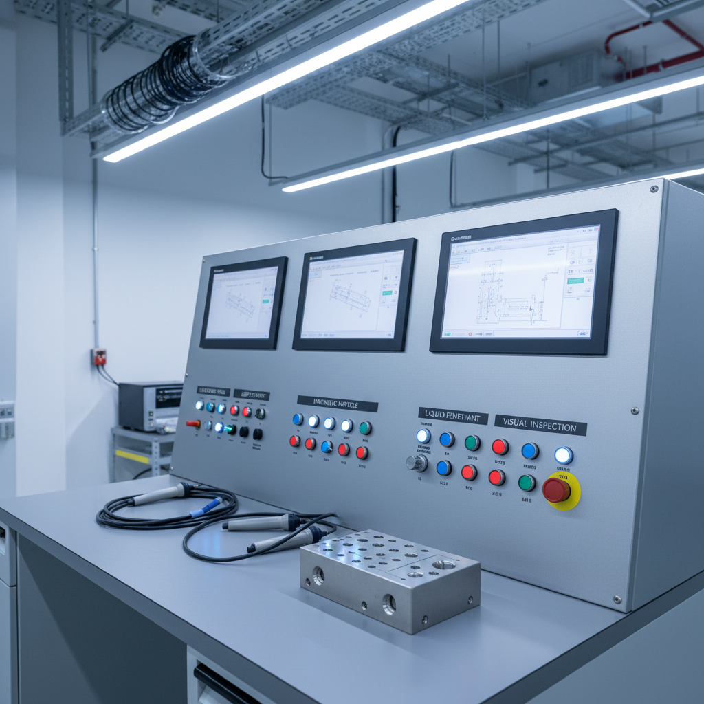 A sleek industrial testing bench in a spotless inspection hall, featuring a large, brushed-metal control panel with illuminated status indicators, digital displays, and clearly labeled buttons representing non-destructive testing modes. In the foreground, neatly coiled ultrasonic probes and a pristine stainless steel test block rest on a smooth gray work surface. Neutral walls, cable trays, and structural beams recede softly into the background. Cool, diffused overhead LED lighting creates gentle reflections on metal surfaces and crisp, minimal shadows. Photographic realism with a clean, corporate aesthetic, shot at eye level with a slight three-quarter angle, sharp focus throughout the scene, emphasizing precision, reliability, and structured organization in industrial control environments.