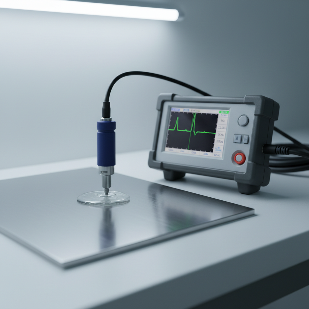 A close-up view of an ultrasonic non-destructive testing setup on a clean, matte-finish steel plate, showing a precision ultrasonic probe coupled with a thin layer of transparent gel. Next to it, a compact ultrasonic flaw detector with a high-resolution screen displays a clear A-scan waveform and numerical readouts. The equipment rests on an orderly, light-gray workbench with neatly arranged cables leading off frame. Soft, cool studio lighting from above and slightly to the side highlights the textures of rubber, metal, and plastic while casting minimal, controlled shadows. Photographic realism with a neutral-toned, professional mood, captured from a slightly elevated angle with shallow depth of field to keep the probe and screen in crisp focus and the background softly blurred.