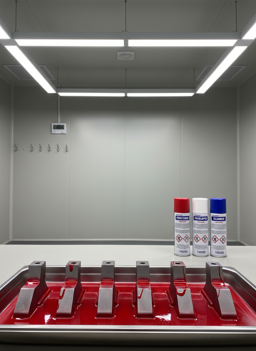 A detailed scene of a penetrant testing (ressuage) inspection area, featuring a perfectly aligned row of metallic components on a stainless steel tray. Each part has a thin, even layer of vivid red penetrant contrasting with the neutral gray surroundings. Nearby, clearly labeled spray cans of penetrant, developer, and cleaner stand in an organized arrangement against a smooth, light-colored wall. Overhead fluorescent lighting provides bright, uniform illumination, enhancing the contrast between the penetrant and metal surfaces while avoiding harsh glare. The atmosphere is methodical and controlled. Photographic realism with a balanced composition following the rule of thirds, shot at eye level, emphasizing cleanliness, process control, and quality assurance in industrial inspections.