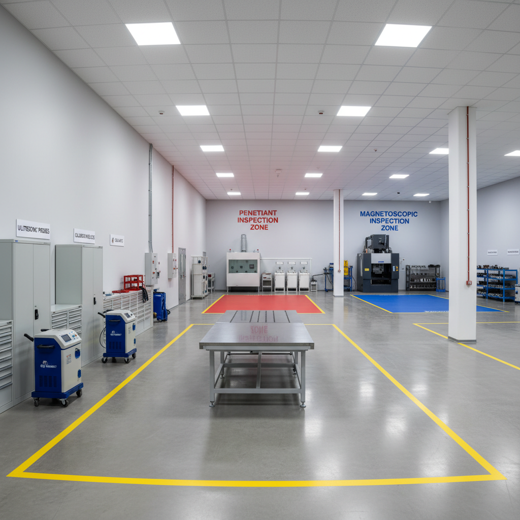 A panoramic view of a modern industrial facility interior showcasing multiple non-destructive testing zones separated by clean safety markings on a polished concrete floor. In the foreground, a dedicated inspection area features a large, flat test table, neatly parked ultrasonic testing units, and storage cabinets with clearly visible labels. Further back, distinct zones for penetrant and magnetoscopic inspection are indicated by wall-mounted signage and color-coded floor lines. Neutral gray and white tones dominate, with carefully placed accent colors from equipment. Uniform, diffused overhead lighting produces a bright, shadow-minimized environment. Photographic realism with a wide-angle lens, straight-on composition, and sharp focus across the frame, creating a structured, corporate atmosphere that communicates organization, safety, and comprehensive control of industrial quality.